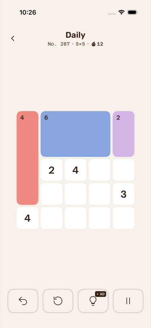 A Daily 5×5 board halfway through: three boxes placed, the 2, 4, 3 and 4 still open