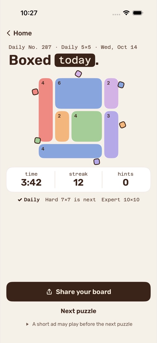 The solved screen: the finished board, time 3:42, a 12-day streak and no hints used