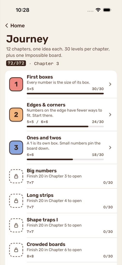 The Journey screen: chapters 1 to 3 in progress, later chapters locked